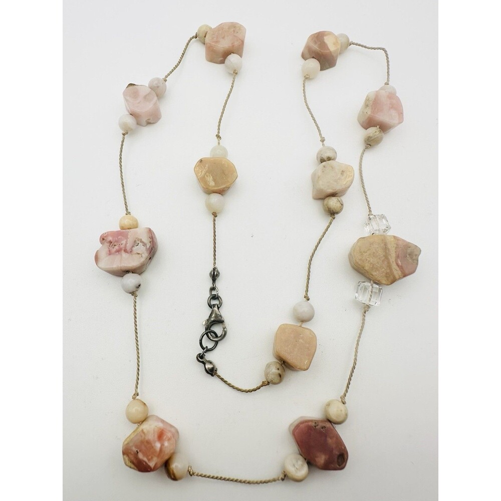 Handmade Pink Opal Jasper Bead Necklace Sterling Silver Clasp 22”